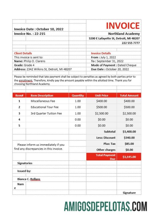 realista Modelo de fatura de taxas escolares